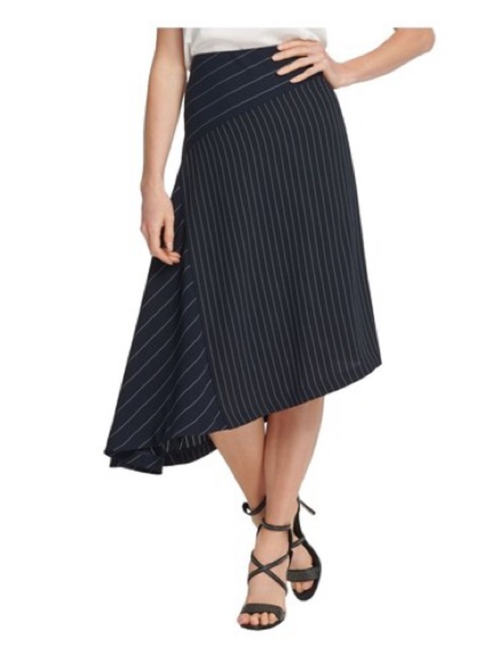 DKNY Navy Pinstripe Asymmetrical Midi Skirt Mixed Stripe Side Zip Size 12
